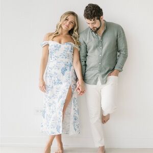 Reformation blue and white off the shoulder dress